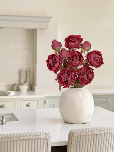 Briful Artificial Dried Look Fall Peony Flowers 3PCS 27.5in Tall Burgundy Vintage Silk Peony Bouquet Realistic Fake Peonies Floral Stems for Autumn Home Wedding Vase Centerpieces Arrangements Decor - color: Burgundy