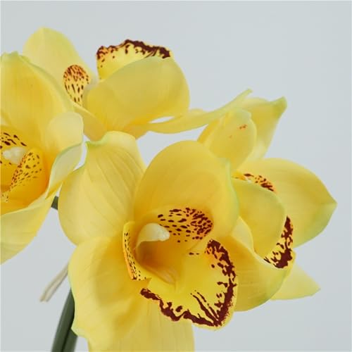 8Pcs Real Touch Artificial Cymbidium Orchids Bouquet, White and Yellow Realistic Silk Artificial Orchids, Artificial Flowers Outdoor Fake Flowers Green Shrubs Plants for Wedding Home Decoration