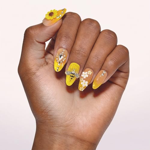 Handmade Press on Nails 24 Pcs, 3D Sunflowers, Medium almond, Yellow | Handmade 12 Sizes False Nails, French Tips,Almond Length,3D Cute Honey,Flower,Manicure Kit,Women&Girls,Spring&Summer,Party