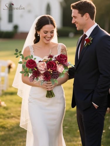 Serwalin Silk Flowers Burgundy Artificial Flower for DIY Wedding Decoration Fake Roses Pink and Red with Stems and Greenery Box Combo for Bridal Bouquet Table Centerpieces Flower for Party Baby Shower - color: A Burgundy Pink, size: 1 Box