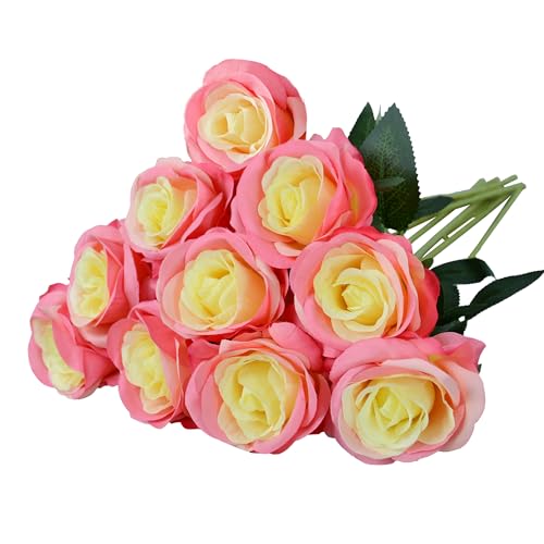 10 Pcs Rose Red Rose Artificial Flower, Faux Silk Flowers With Long Stems, Fake Roses Bulk Bouquet for Decoration Valentine's Day Centerpieces Proposal Bridal Bouquets Shower Party Home Floral Decor - color: Rose Red