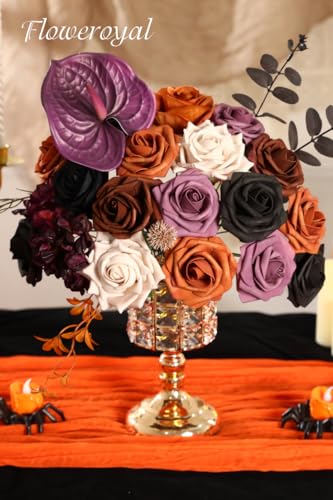 Floweroyal Halloween Artificial Flowers Black Flowers Mix Silk Flowers Fake Roses with Stems for DIY Wedding Bridal Bouquets, Baby Shower, Floral Arrangement, Table Centerpieces, Home Decorations - color: Brown & Black