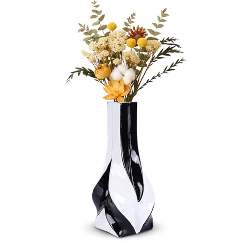 10.6" Black and White Ceramic Vase, Modern Geometric Flower Vase for Dining Table Centerpiece, Elegant Decorative Vase for Pampas Grass, Living Room, Bedroom, Office, Tabletop Decoration - color: Black White
