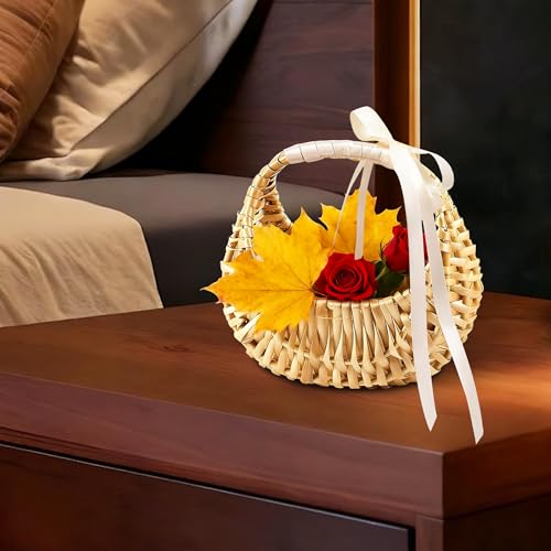 3 Pack Wicker Flower Girl Baskets,Wicker Wedding Basket with Handle Silk Ribbon,Small Half Moon Wicker Flower Basket 6.5" x6.7" x4.3"for Wedding Party Picnic Home Decor - size: Half Moon Basket