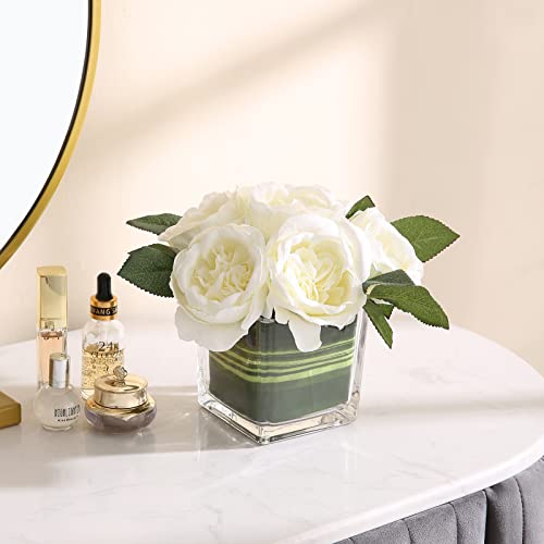 Artificial Peony Silk Flower Centerpieces Faux Floral Arrangement in Glass Vase for Home Wedding Table Decoration (Cream) - color: Cream