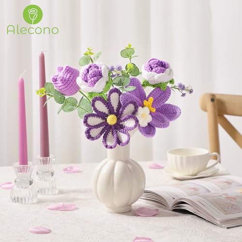 Alecono Crochet Flower Bouquet, Purple Knitted Flowers, Crochet Tulip Galsang Flower for Lover Anniversary Birthday Party Mother's Day Graduation Gifts (Include Card) - color: Purple, size: Large