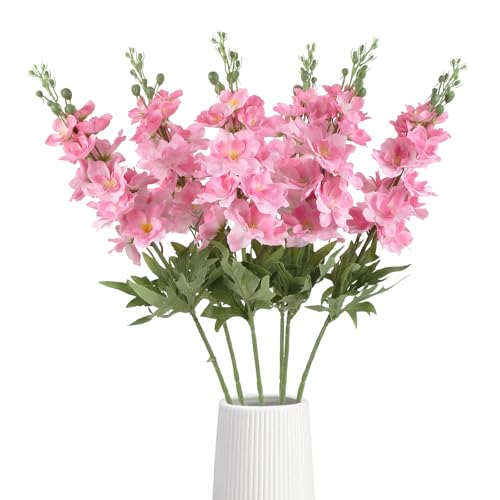 IPOPU 6PCS Faux Pink Delphinium Artificial Flowers 28.74'' Realistic Silk Fake Larkspur Flowers with Stems for Tall Floor Vase Outdoor Garden Wedding Party Home Decor (Deep Pink) - color: Deep Pink