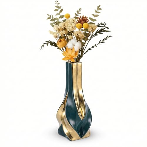 10.6" Green and Gold Ceramic Vase, Modern Geometric Flower Vase for Dining Table Centerpiece, Elegant Decorative Vase for Pampas Grass, Living Room, Bedroom, Office, Tabletop Decoration - color: Green Gold