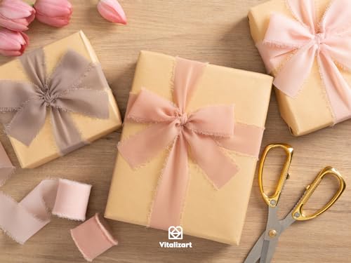 Vitalizart Dusty Rose Handmade Chiffon Silk Ribbon Fringe 1.5" x 21 Yd Frayed Edges Brown Ribbons for Wedding Invitations Bridal Bouquets Gifts Wrapping Crafts Holiday Party Decorations Nude Pink - color: Dusty Rose