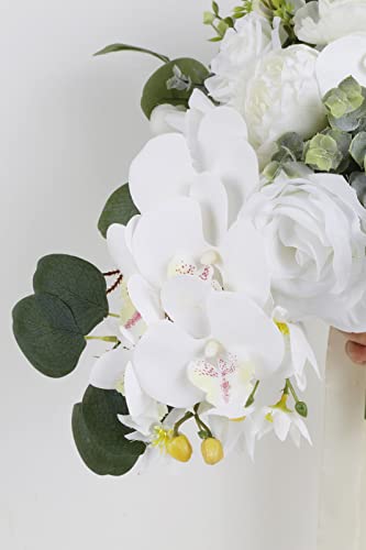 Artificial Bridal Bouquet, 11 Inch White Artificial Wedding Bouquets for Bride Bridal Bouquet Bridesmaid Bouquet Tossing Bouquet for Wedding Ceremony and Anniversary(White) - color: White