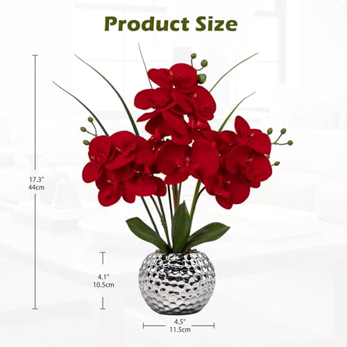 Briful Orchid Artificial Flowers 20'' Red Faux Orchid Flowers with Silver Vase Fake Phalaenopsis Silk Flowers for Home Office Dinning Room Kitchen Table Centerpiece Decor - color: Red