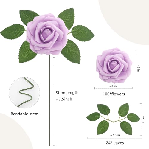 100PCS Lilac Realistic Roses - Artificial Latex Foam Flowers with Bendable Stems & 24PCS Leaves for Wedding, Home and Party DIY Decor - color: Lilac, size: 100