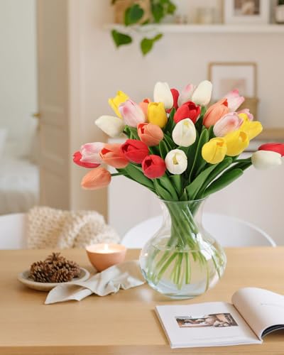 MACTING 30PCS Artificial Tulip Flowers 13.7" Real Touch Fake PU Tulips Bouquet Faux Flowers for Floral Arrangements Table Centerpiece Kitchen Indoor Outdoor Spring Summer Decor (Multi Colors-1) - color: Mix Color1