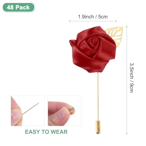 M METERXITY 48-Pack Flower Lapel Pins for Men, Golden Leaf Rose Boutonnieres Pin Groom Boutonnieres for Wedding/Dance/Party, Men Lapel Pins for Suits Satin Flower Corsage [Wine Red] - color: Wine Red