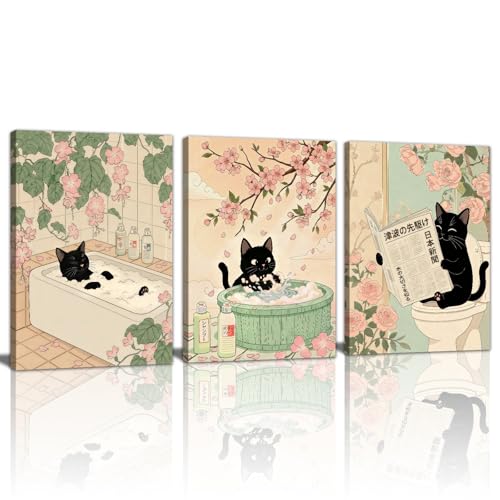 WENGTIAO Japanese Bathroom Wall Art Set of 3 Funny Black Cat Wall Paintings Cute Japan Cat Prints Pictures Animal on Toilet Photo Home Decor for Bathroom Restroom Laundry Room 16”x24”x3 - color: Black Cat Bathroom, size: 16"x24"x3Pcs