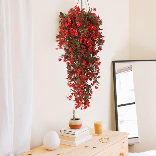 RECUTMS 2Pcs Artificial Hanging Flowers for Outdoor Decoration Fake Hanging Plants Faux Red Flowers Artificial UV Resistant Plastic Greenery Vines Ivy for Outdoor Indoor Garden Party Decor（Red） - color: Red-rose