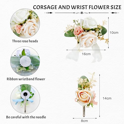 SITUMEIZI 2Pcs Champagne Corsage and Boutonniere Set Wrist Corsage Bracelets and Boutonniere for Men Wedding Prom Party Suit Decor - color: Champagne