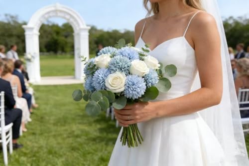 Kimura's Cabin 20Pcs Chrysanthemum Artificial Flowers Silk Mums Flower with Stem Balls Flowers for Wedding Party Bouquets Arrangements Home Coffee Table DIY Decoration Vase Fillers(Blue) - color: Sky Blue, Dark Blue