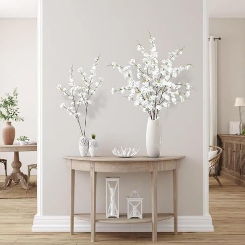 Sggvecsy Artificial Cherry Blossom Flowers 4 Pcs Faux Cherry Blossom Stems Faux Silk Cherry Blossom Branches 43’’ Fake Flowers Long Stems for Vase Arrangements Home Wedding Table Decor (White) - color: White