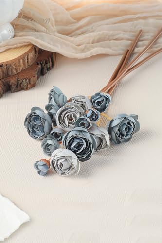 Floroom Ranunculus Artificial Flowers 18 Pcs Dusty Blue Faux Silk Mini Ranunculus Bulk Fake Wedding Filler Flowers for DIY Bouquets, Centerpieces, Bridal Shower Decorations & Arrangements - color: Dusty Blue