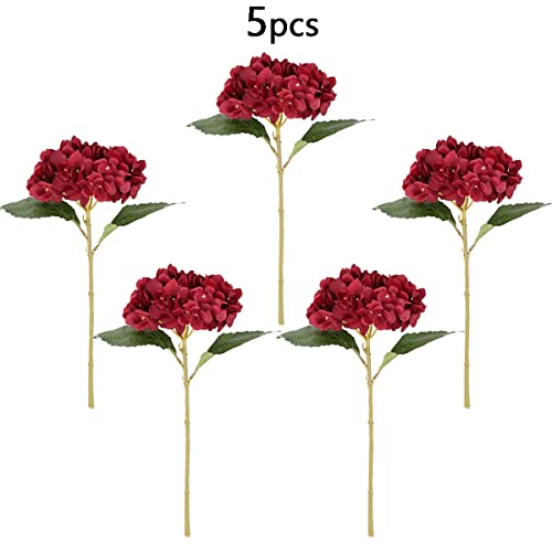 6 Pack Burgundy Red Faux Hydrangea Flowers, Silk Artificial Fake Hydrangea Stems for Wedding Centerpieces, Home Table Decor & Baby Shower Arrangement - color: Burgundy Red