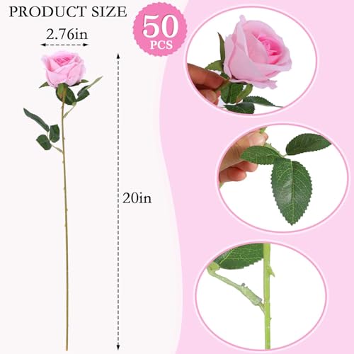 Hananona 50 Artificial Roses in Bulk, Fake Silk Pink Roses Realistic Roses for Wedding Centerpieces Flower Arrangement Home Decor (50, Pink) - color: Pink