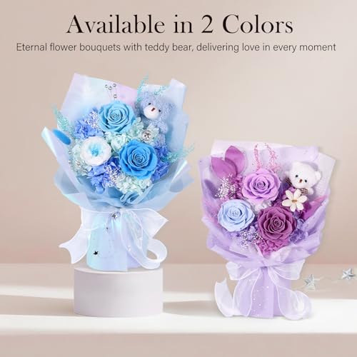 Preserved Flowers Bouquet with Bear, Real Forever Flowers for Delivery, Long-Lasting Blue Eteranl Roses Bouquet, Anniversary Birthday Gifts for Women Mom Her Girlfriend Wife - color: Blue