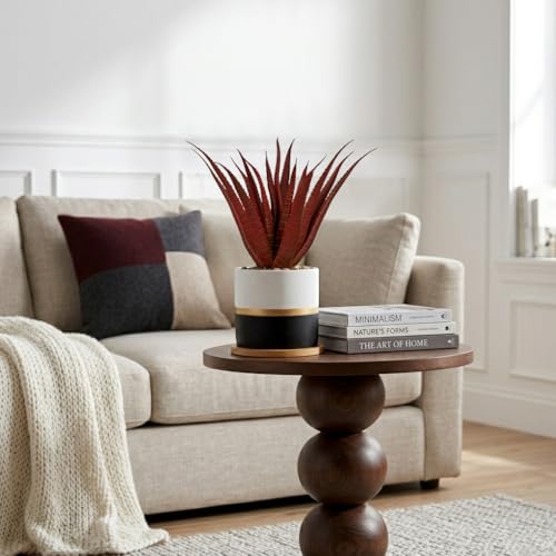 Briful Artificial Red Succulent Plant in Pot with Bamboo Tray, Small Agave Fake Plant for Desk Decor, Modern Aloe Faux Plant for Office, Shelf, Table, Bedroom, Indoor Home Decoration - color: Red Aloe#009