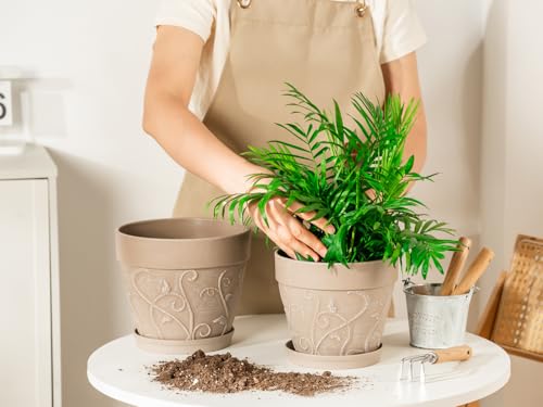 Melphoe Plant Pots Indoor with Drainage & Saucer, 2Pack 7/8 inch Flower Pots Outdoor Planters for Indoor Plants Garden Home Decor Cactus Succulent, Rigid Plastic (Imitation-Terracotta) Vine-Embossed - color: Undecorated Pottery Color, size: 7''+8"