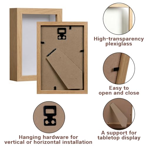 4x6 Shadow Box - Wooden Deep Picture Frame with Shatter-Resistant Panel for Wall Decor | 3D Display Case for Military Medals, Flowers, Photos and Crafts | Easy to Open & Ready to Hang Gift Idea - color: Wood Grain Color, size: 1Pcs 4x6in