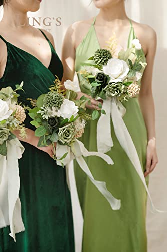Ling's moment Artificial Flowers Green Bridesmaid Bouquet Set of 6, Emerald Beige Wedding Flowers Bouquets for Bridesmaids, 7 Inch Bridal Bouquets for Bridesmaids, Wedding, Ceremony, etc - color: Grn-emerald & Tawny Beige