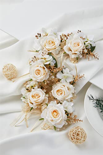 Set of 6 Champagne Faux Silk Men Boutonnieres for Groom Wedding | Artificial Rose With Ribbons for Ceremony Party, Groomsmen Boutonniere for Wedding Prom Party, Homecoming and Suit Decor - color: Light Champagne Boutonnieres 6pcs