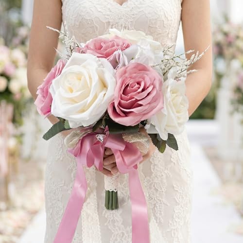 Wedding Bouquets for Bride, Ivory White & Dusty Pink Bridal Bouquet | Realistic Silk Rose for Rustic Boho Church Ceremony, Proposal, Thanksgiving, Wedding Decor - color: Dusty Pink and Ivory White