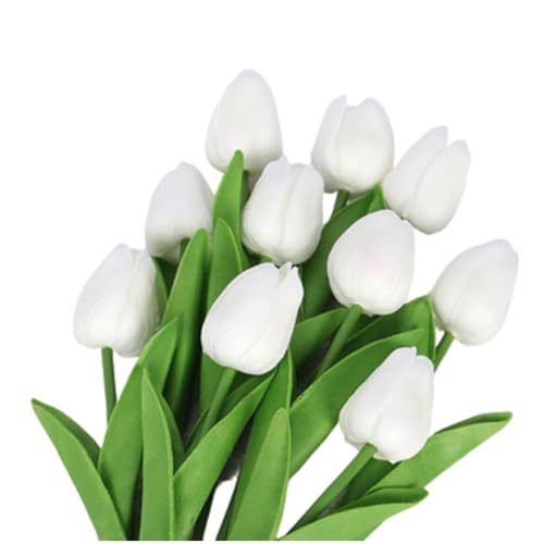 10 Pack Tulips Artificial Flowers PU Faux Flowers Fake Tulips for Home Kitchen Wedding Dining Table Decorations Mother's Day Easter Valentine's Day Decor (White) - color: White