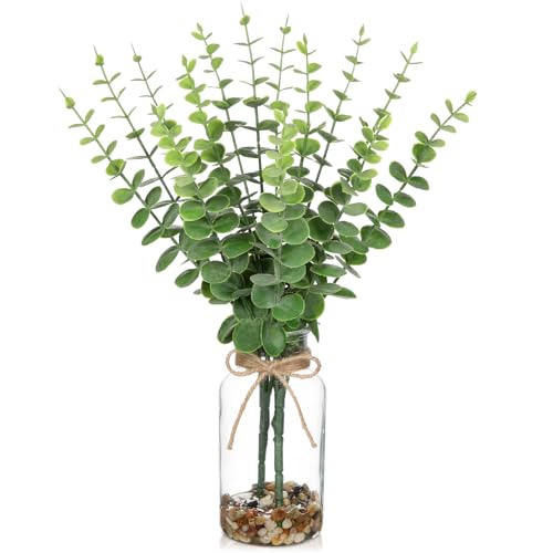 Hollyone Artificial Eucalyptus Stems in Glass Vase with Faux Water and Stones, 15.7" Fake Plants Eucalyptus Leaves Branch for Indoor Shelf Desk Home Bathroom Wedding Table Centerpiece Decor - color: Green #4