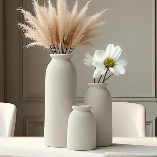 Ceramic Vase Set-3, Small Flower Vases for Decor, Modern Boho Farmhouse Style, Decorative Vases for Pampas Grass & Dried Flowers, Distressed Finish (Beige) - color: Beige
