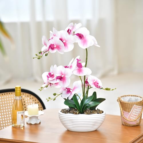 19" H Phalaenopsis Faux Orchid Plant Silk Orchid Centerpiece Artificial Floral Arrangement in Ceramic Pot (White and Pink) - color: White and Pink