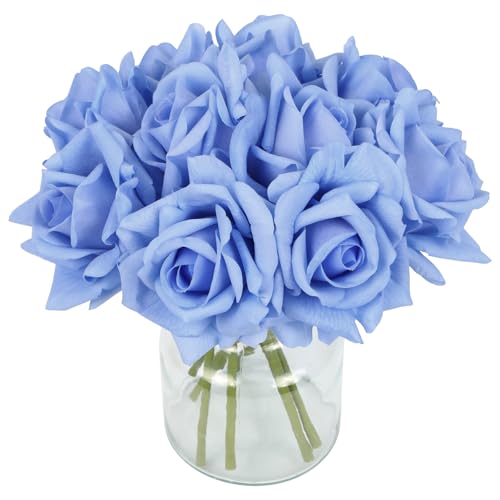 IPOPU 2 Bouquets Blue Roses Artificial Flowers 10PCS Real Touch Faux Flowers Realistic Fake Roses with Stems for Wedding Party Home Table Centerpieces Decoration (Blue) - color: Blue