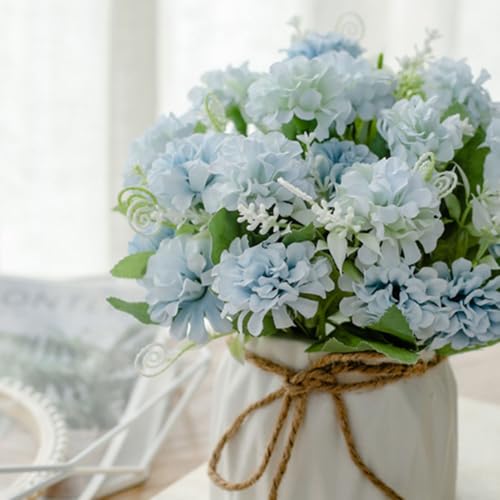 TKAS Fake Flowers Arrangement in Ceramic Vase, Artificial Faux Silk Hydrangea, Small Realistic Dried-Style Floral, Dining Table Centerpiece for Wedding Party Home Decoration (Blue) - color: Blue