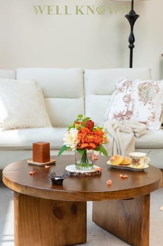 WELL KNOWN Artificial Flowers in Glass Vase with Fake Water, Burnt Orange & Champagne Silk Peony Flower Bouquet for Winter Home Dinning Coffee Table Wedding Party Lavatory Spring Seasonal Decor & Gift - color: Orange & Champagne