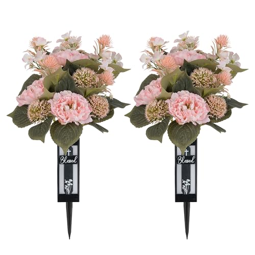 Pink Artificial Flowers for Cemetery : 2 Pcs Peony Grave Flower Bouquets for Cemetery Decorations - Outdoor Gravesite Flowers with Vase - color: Pink