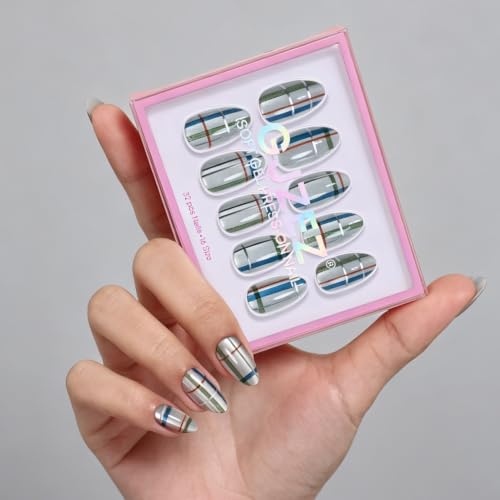 32Pcs Soft Gel Press on Nails for Women, Silver Plaid, Short Almond | Magnetic Glass Cat Eye False Fake Nails Press Ons for Office Daily Wear, Salon Quality Reusable Glue & Stick on Nail Gift Kit - color: 1C-Silver Plaid