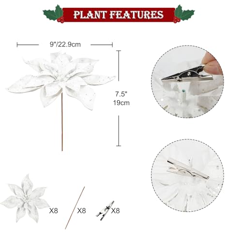 Briful 9'' Poinsettias Artificial Christmas Flowers 8PCS White Glitter Christmas Poinsettia Decorations Ornament Flowers for Xmas Tree Wreath Garland Mantle Winter Holiday Decor - color: White