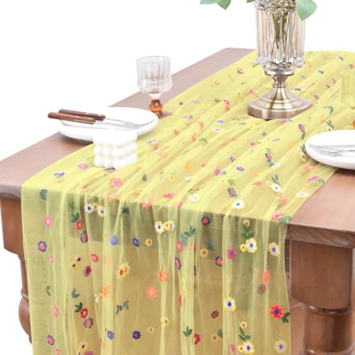 Joanlody 3pcs Yellow Embroidery Daisy Spring Summer Table Runner Florals Seasonal Easter Tulle Table Runner Holiday Kitchen Dining Table Decoration Wedding Party - color: Yellow, size: 10ft x 3pack