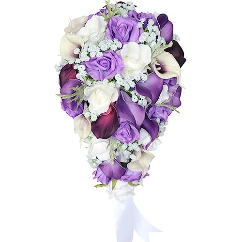 Jackcsale White & Purple Calla Lily Waterfall Wedding Bouquet - Cascading Flowers for Ceremony, Anniversary, Bridal Shower, Rustic Vintage Wedding - color: White Purple Calla Lily Bouquet B