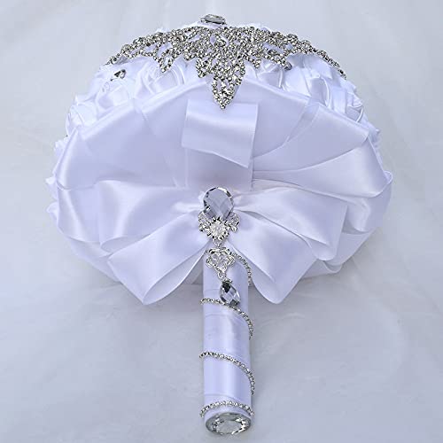 XINNI Handmade Bridal Wedding Bouquet Bride Bridesmaid Satin Rose Flower Bouquet with Drop-Shaped Rhinestone Wedding Decoration White - color: White