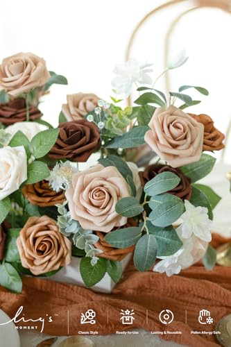 Ling's moment Artificial Flowers, 25Pcs 3" Roses in Walnut Brown Shades, Realistic DIY Foam Floral Decor for Wedding Bouquets/Centerpieces, Outdoor Party Backdrops, Room/Table, Garden/Pot Decorations - color: Shades of Earth Tones, size: 25Pcs