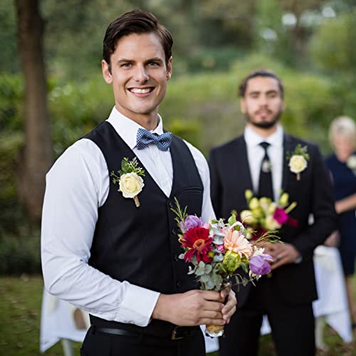 Sherr 12 Pcs Rose Boutonniere for Men Wedding Corsage Rose Groom and Groomsmen Boutonniere with Artificial Flower for Rustic Vintage Wedding Ceremony Anniversary Dinner Prom Party (White) - color: White