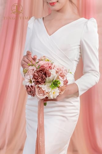 TINGE TIME 9 inch Bridal Bouquets for Bride, Artificial Silk Flowers Tossing Bouquet, Bride Bouquets for Wedding,Ceremony, Anniversary (DustyRose&Cream) - color: Dusty Rose & Cream