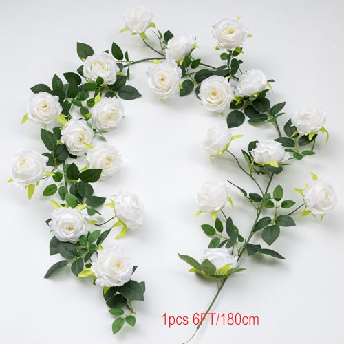 Bendable Artificial Flower Garland Faux Rose Vine Hanging Floral Garland for Wall Decor Trellis Fence Home Room Garden Wedding Decoration(White, 1pcs) - color: White, size: 1pcs